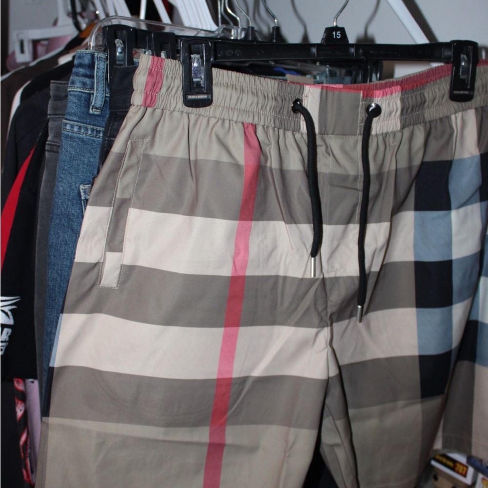 Burberry Beige and Red Plaid Swim Trunks